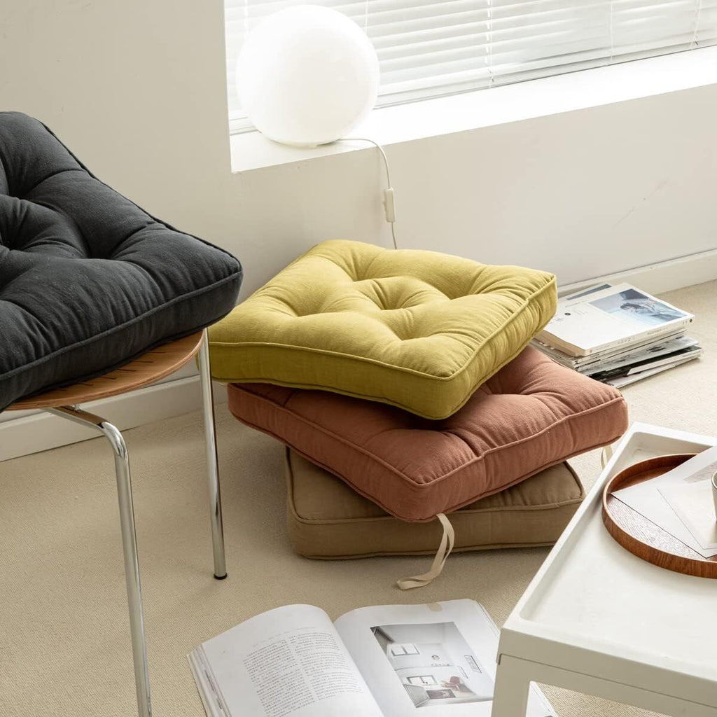 43×43×6cm Linen Cotton Thick Seat Cushion: Plush, Solid-Colour, for Office & Home Chairs, Aussie Comfort Essential（Amber Brown）