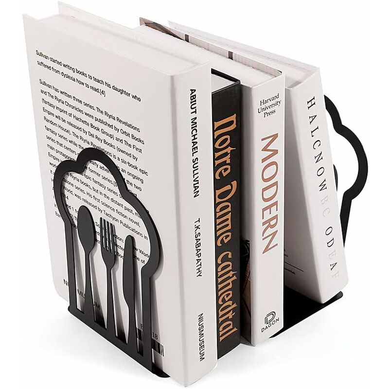 Pair Of Heavy Duty Metal Bookends - Unique Design - For Kitchen, Home, School, Office, Library - Black