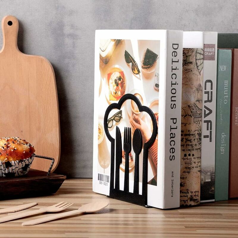 Pair Of Heavy Duty Metal Bookends - Unique Design - For Kitchen, Home, School, Office, Library - Black