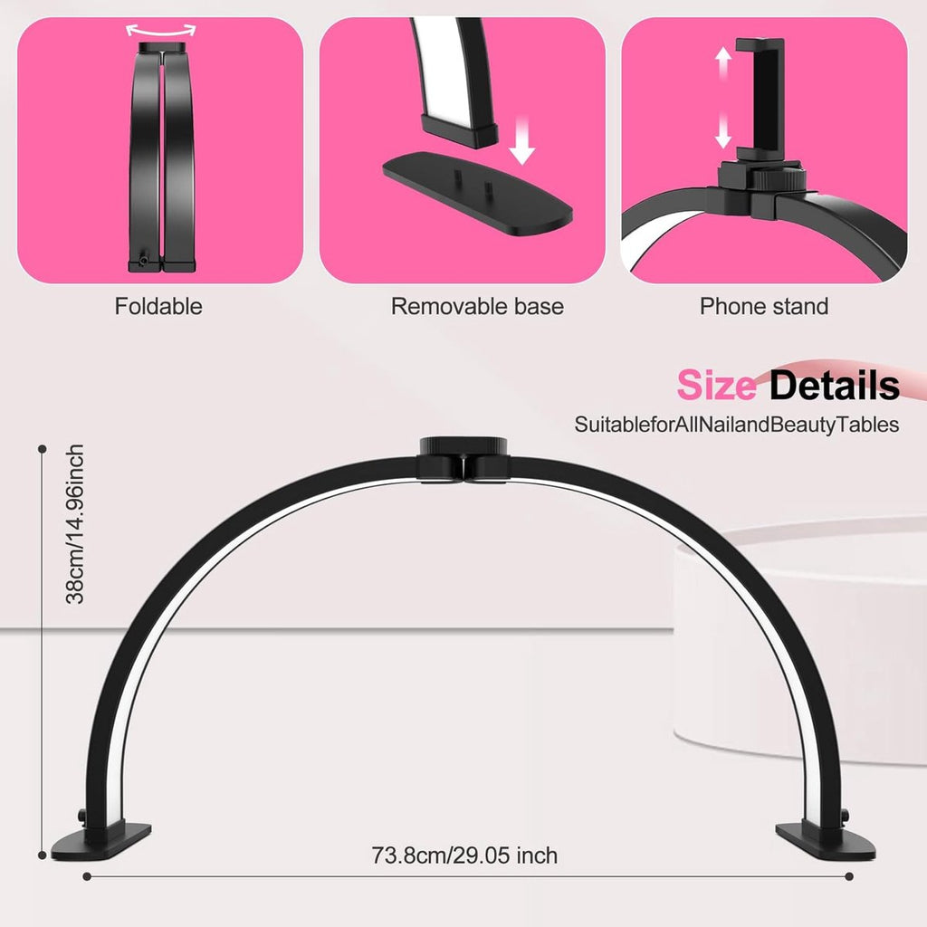 Desk Lamp - Manicure Lamp - Nail Technician Desk Lamp - Half-Moon Lamp - Large LED Tech Table Lamp with Phone Holder - 3 Enlightenment Style Modes - Black