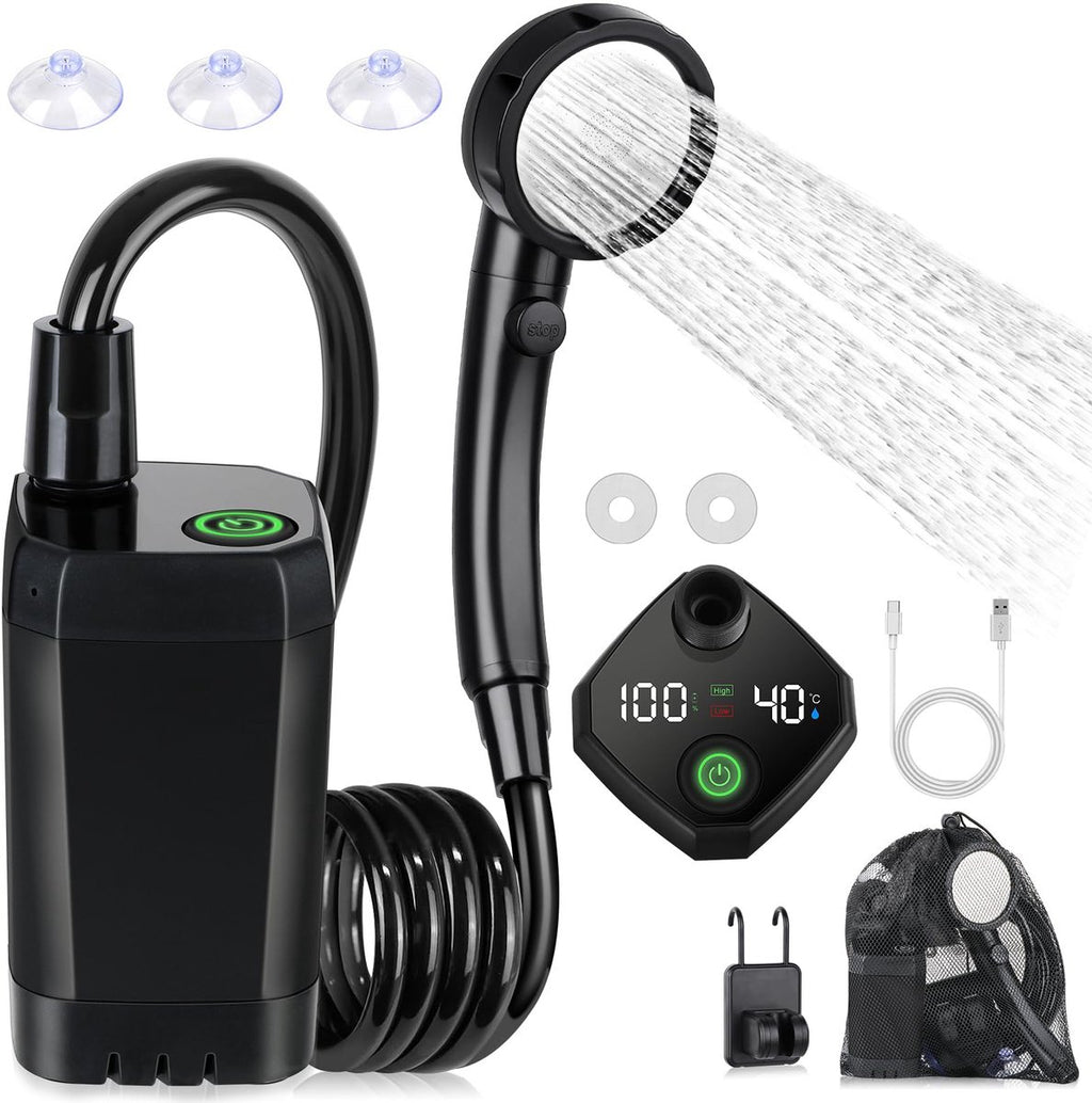 Portable Camping Shower - 6000mAh Rechargeable Shower Pump - With Smart LED Display - 4 Spray Modes - IPX7 Waterproof Outdoor Shower - For Hiking, Travel, Car, Pets - Black