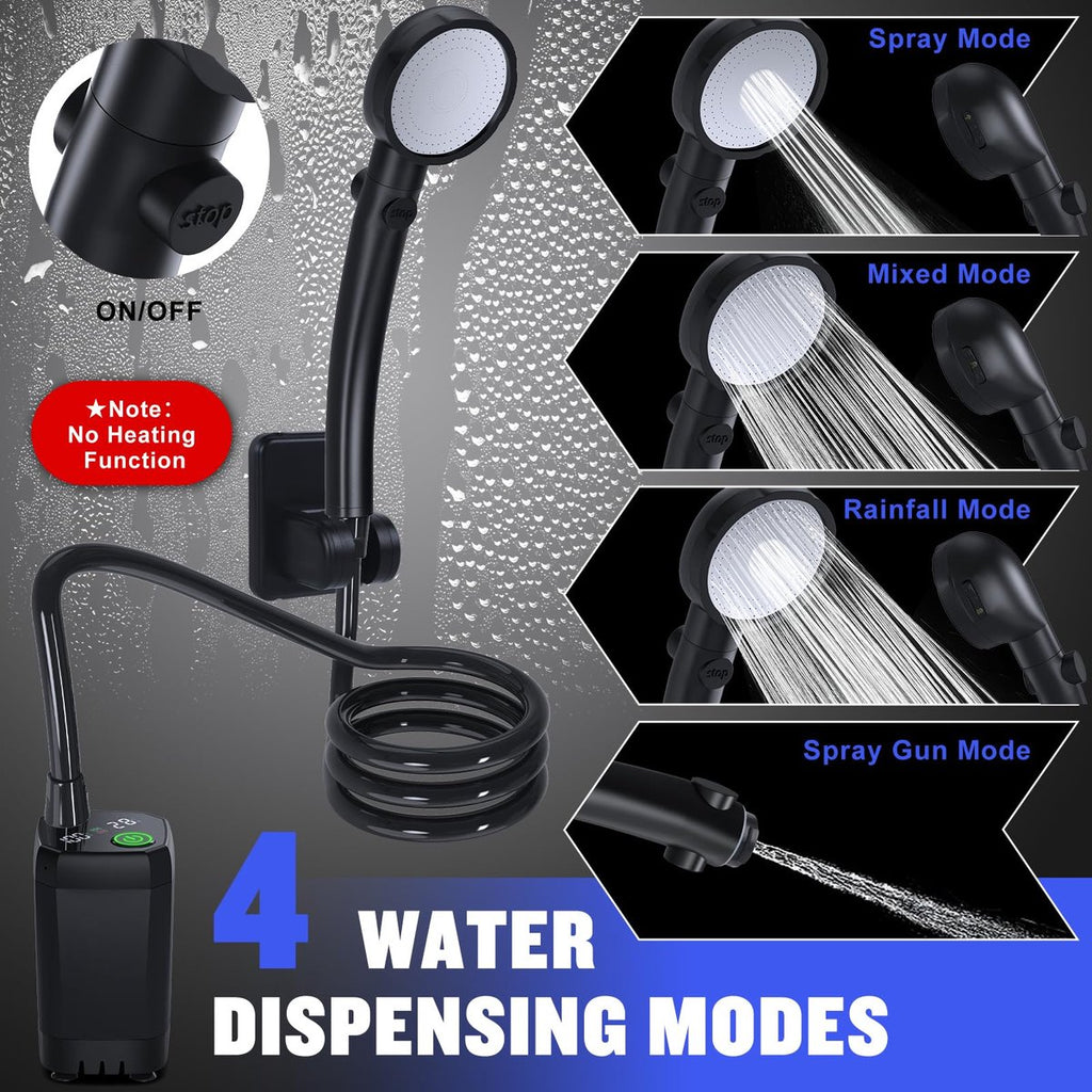 Portable Camping Shower - 6000mAh Rechargeable Shower Pump - With Smart LED Display - 4 Spray Modes - IPX7 Waterproof Outdoor Shower - For Hiking, Travel, Car, Pets - Black