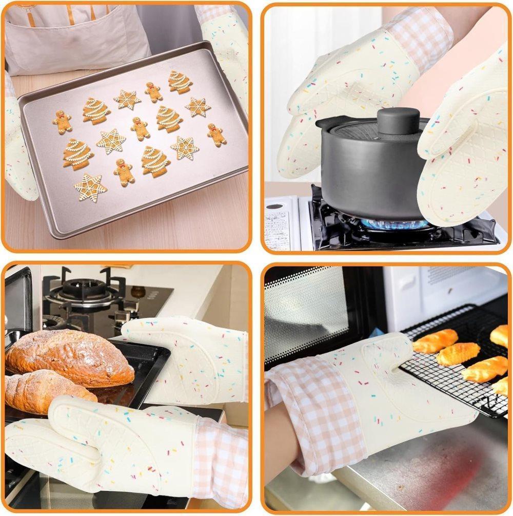 Heat-Resistant Oven Mitts and Grill Gloves Anti-Slip for Kitchen Cooking Baking, White
