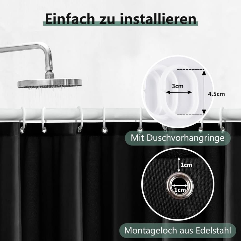 Waterproof Shower Curtain 180x180cm, quick-drying mold resistant, compatible with outdoor shower and bathroom, Black