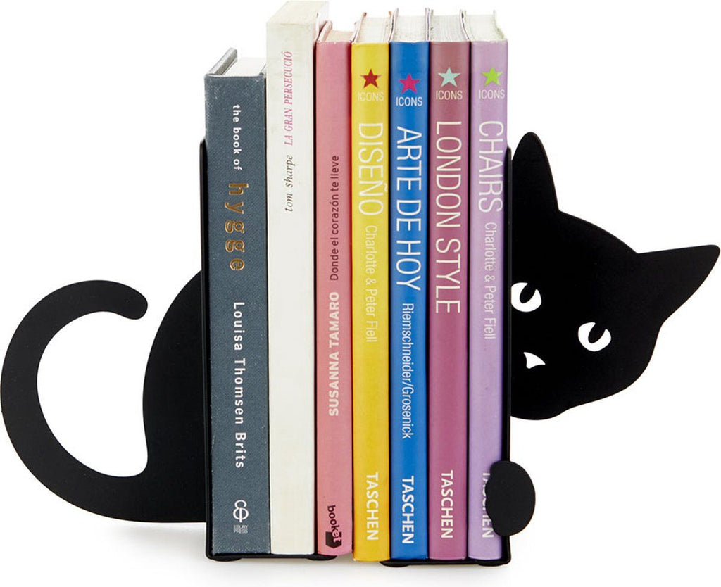 2-Piece Hidden Cat Metal Bookend Set, Black Decorative Book Supports