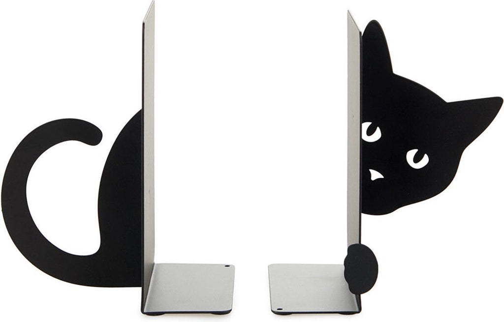 2-Piece Hidden Cat Metal Bookend Set, Black Decorative Book Supports