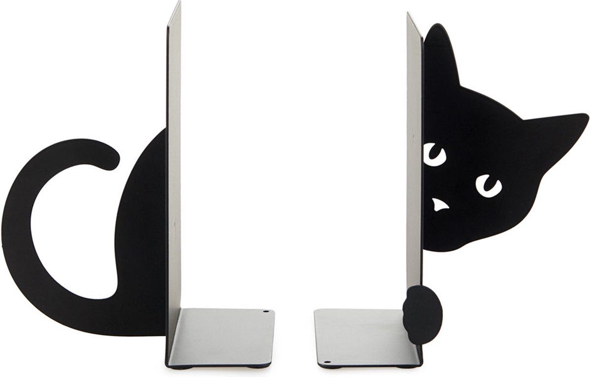 2-Piece Hidden Cat Metal Bookend Set, Black Decorative Book Supports