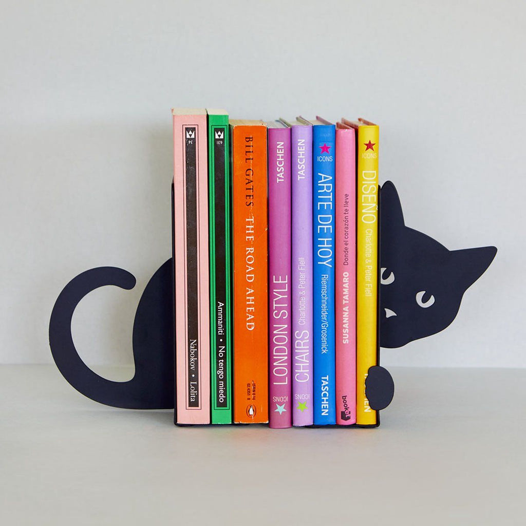 2-Piece Hidden Cat Metal Bookend Set, Black Decorative Book Supports