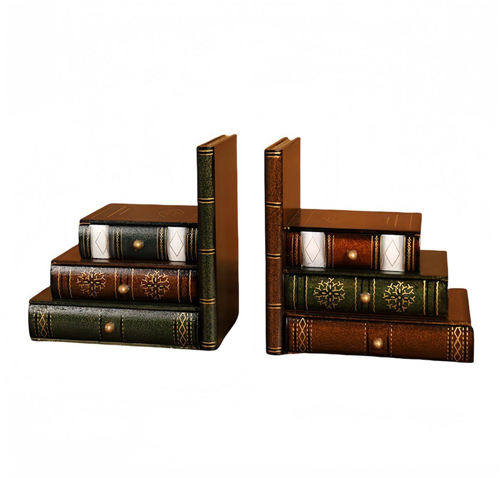 2-Piece Vintage Wooden Bookend Set with 6 Storage Drawers, 16.5 x 12.5 x 17 cm