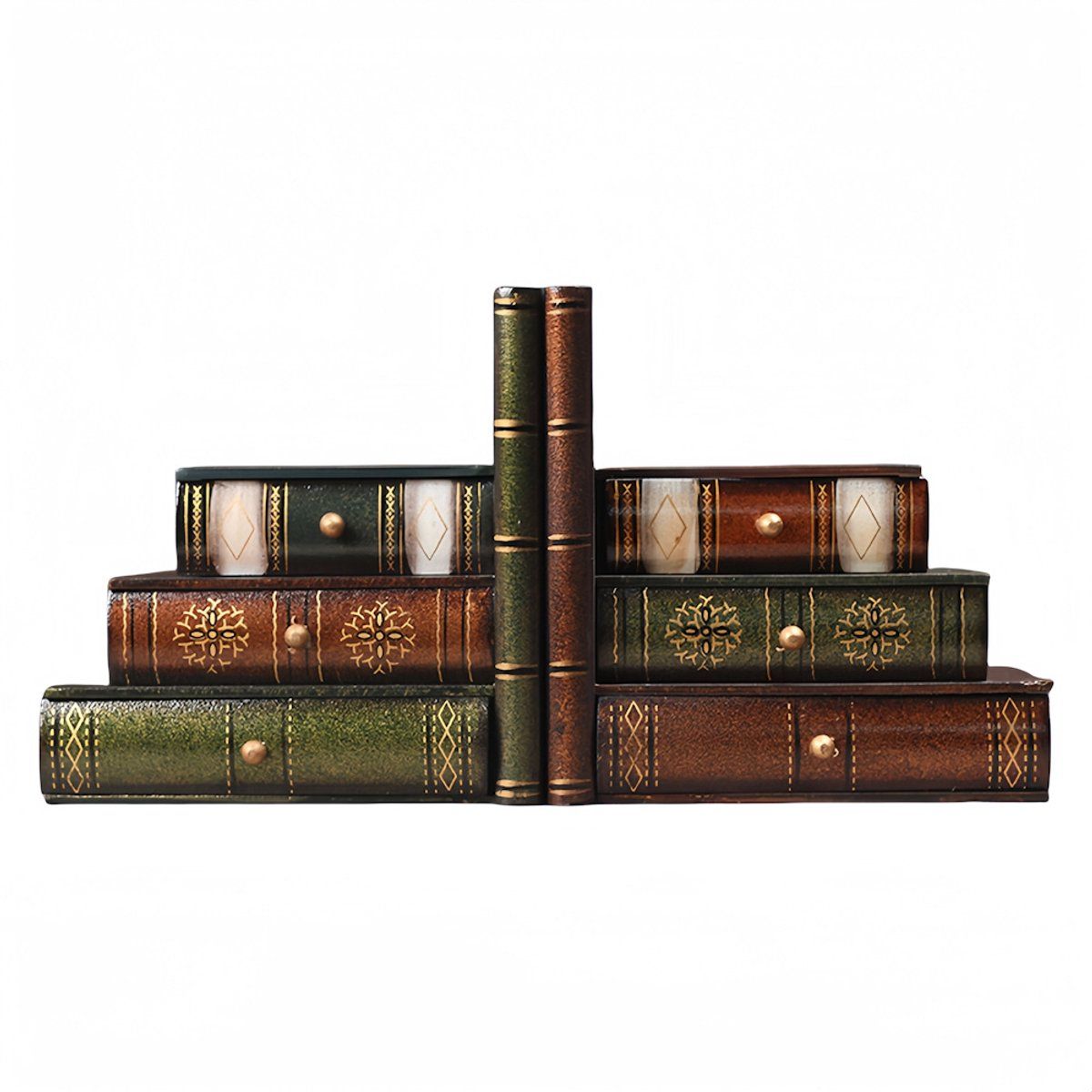 2-Piece Vintage Wooden Bookend Set with 6 Storage Drawers, 16.5 x 12.5 x 17 cm