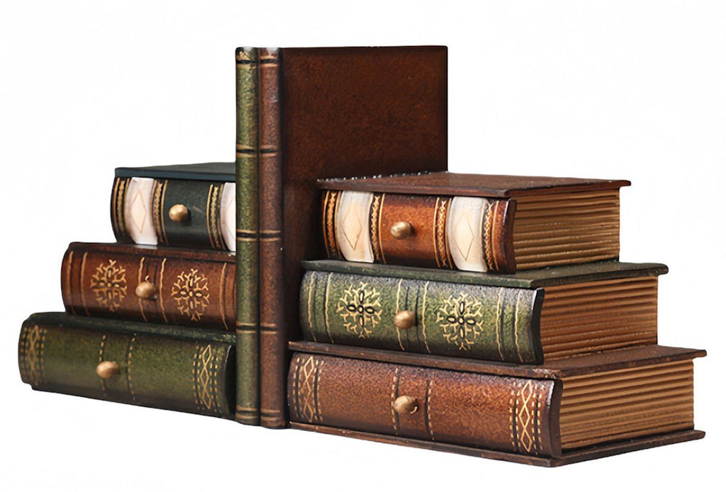 2-Piece Vintage Wooden Bookend Set with 6 Storage Drawers, 16.5 x 12.5 x 17 cm