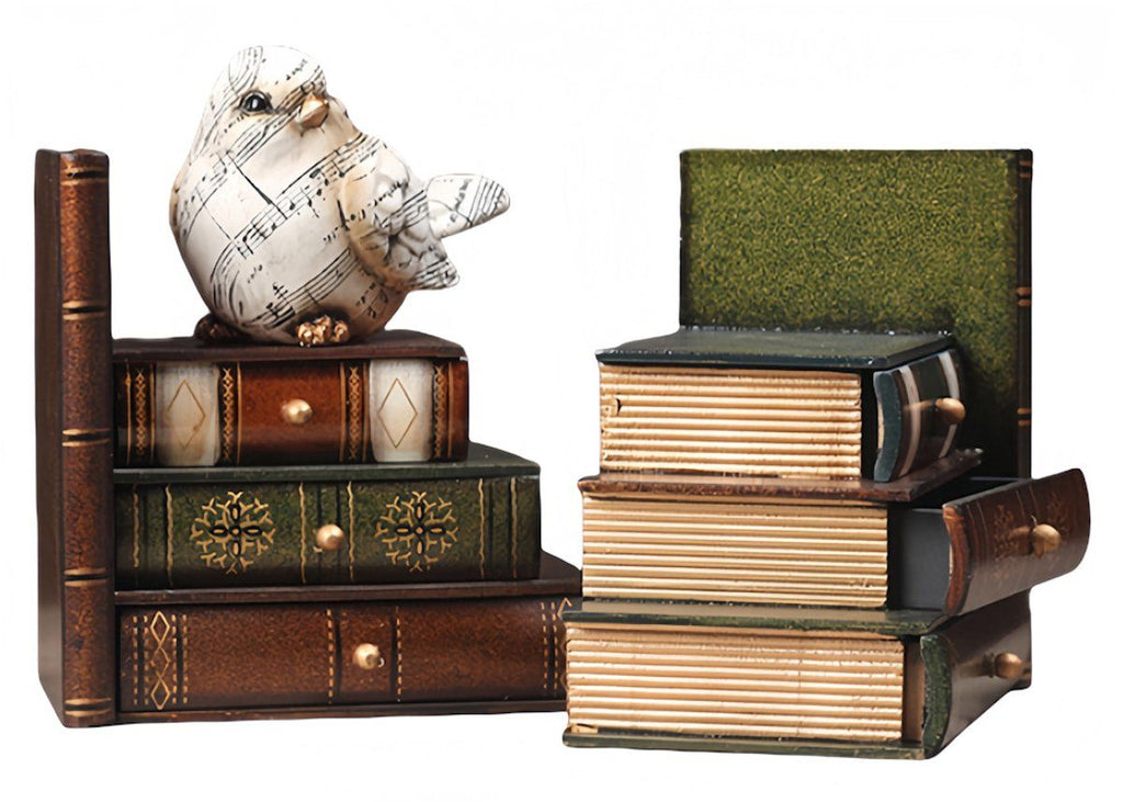2-Piece Vintage Wooden Bookend Set with 6 Storage Drawers, 16.5 x 12.5 x 17 cm