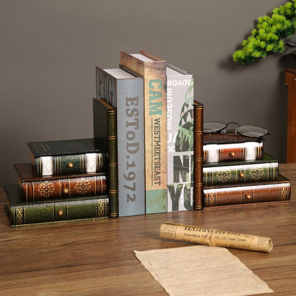 2-Piece Vintage Wooden Bookend Set with 6 Storage Drawers, 16.5 x 12.5 x 17 cm