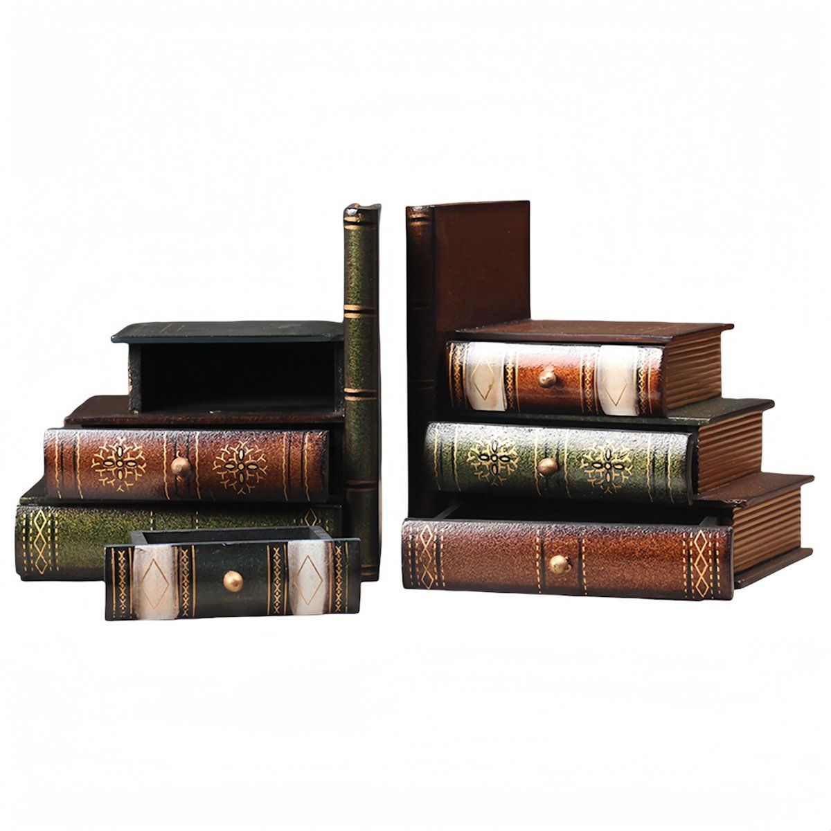 2-Piece Vintage Wooden Bookend Set with 6 Storage Drawers, 16.5 x 12.5 x 17 cm