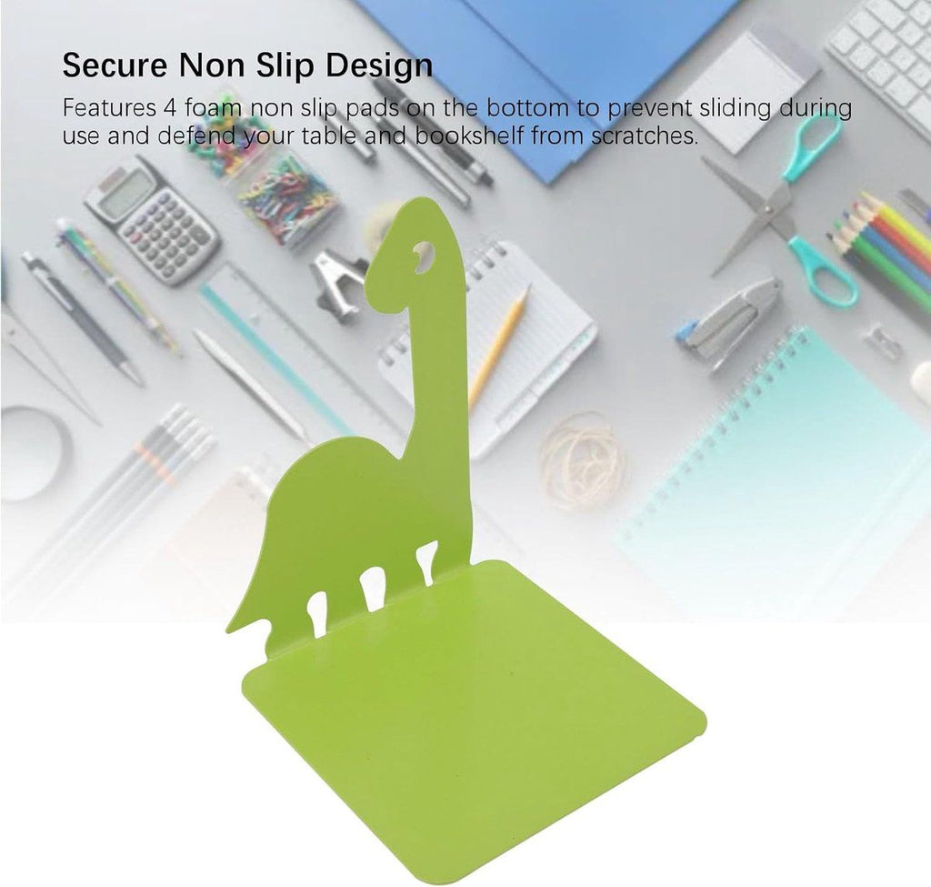 2-Piece Green Dinosaur Metal Bookend Set, Non-Slip Children's Desk Organizer, 12.5 x 12.5 x 16 cm