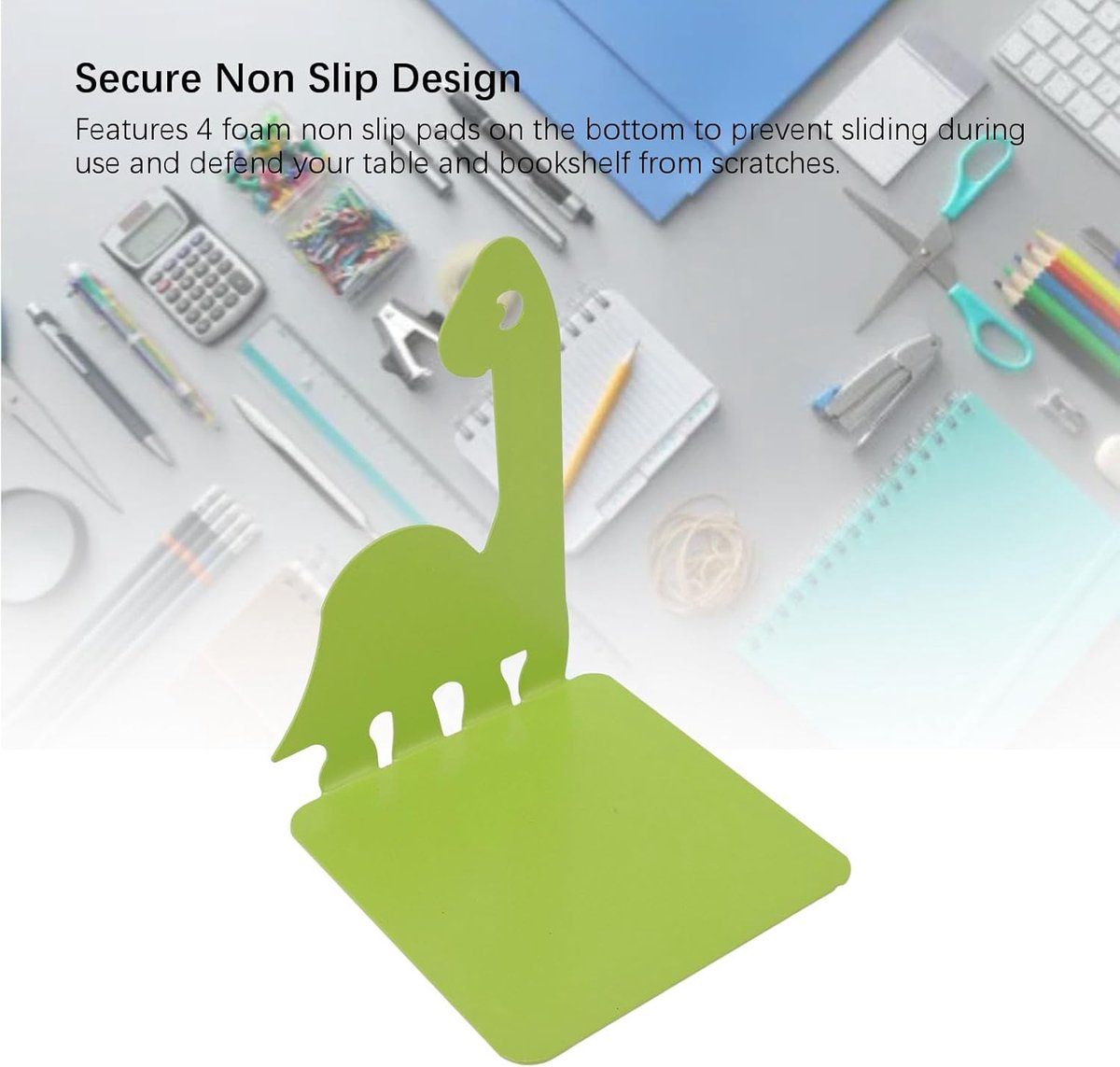 2-Piece Green Dinosaur Metal Bookend Set, Non-Slip Children's Desk Organizer, 12.5 x 12.5 x 16 cm