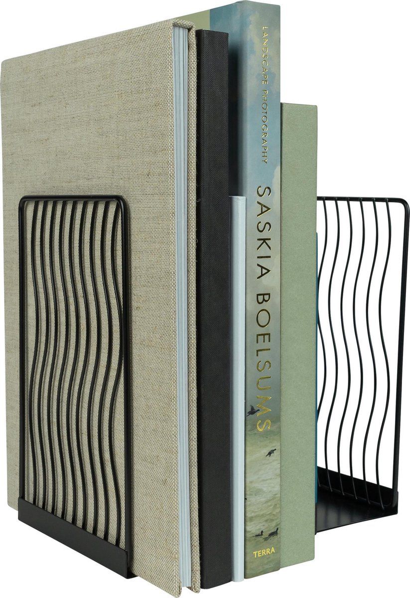 2-Piece Black Wavy Steel Bookend Set, Modern Book and Magazine Supports