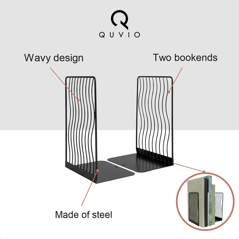 2-Piece Black Wavy Steel Bookend Set, Modern Book and Magazine Supports