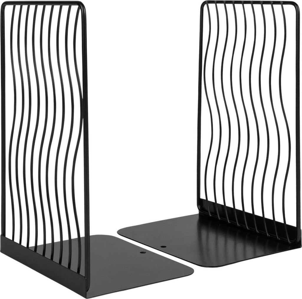 2-Piece Black Wavy Steel Bookend Set, Modern Book and Magazine Supports