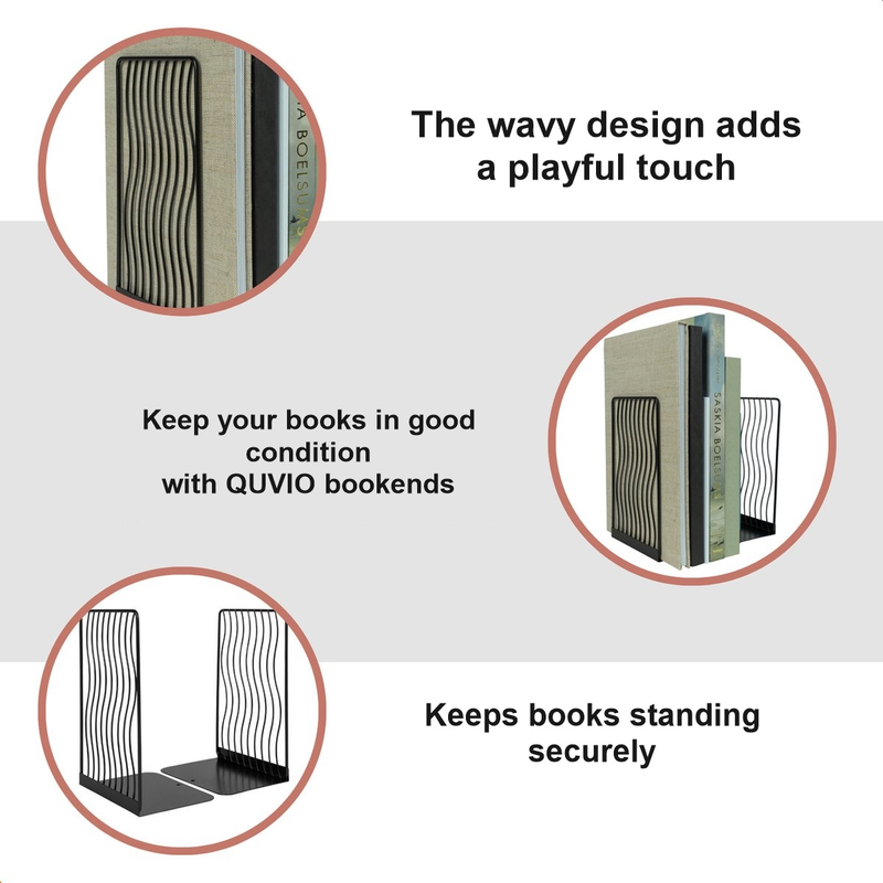 2-Piece Black Wavy Steel Bookend Set, Modern Book and Magazine Supports