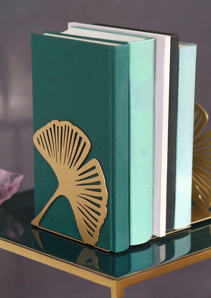 2-Piece Gold Ginkgo Leaf Metal Bookend Set, Non-Slip Decorative Book Supports