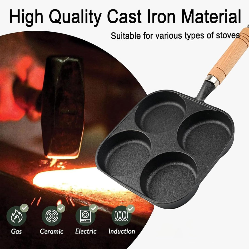 Four-pan 18 cm - Cast Iron - Natural Non-Stick Coating - For Eggs & Hamburgers