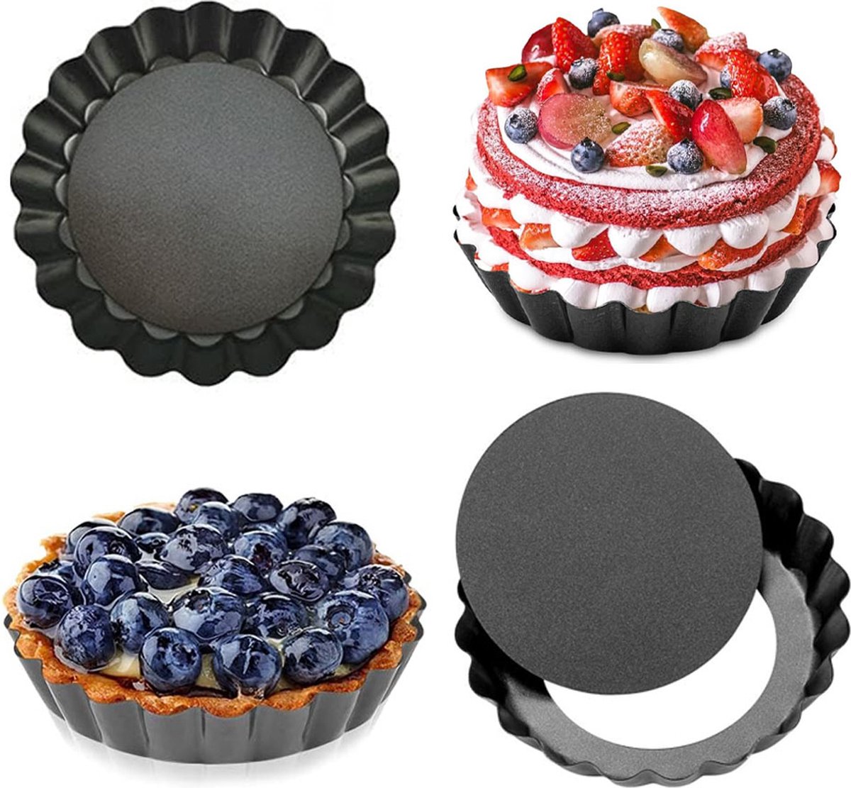 Quiche Pans - Set of 4 - Diameter 10 cm - Quiche Pan with Removable Base - Quiche Baking Pan - Tart Pan with Non-stick Coating - Removable Base - Bake Evenly - Cake Pan - Baking Pan - Baking Tin - Quiche Tart Pan Tin - Dishwasher Safe - Black Main image