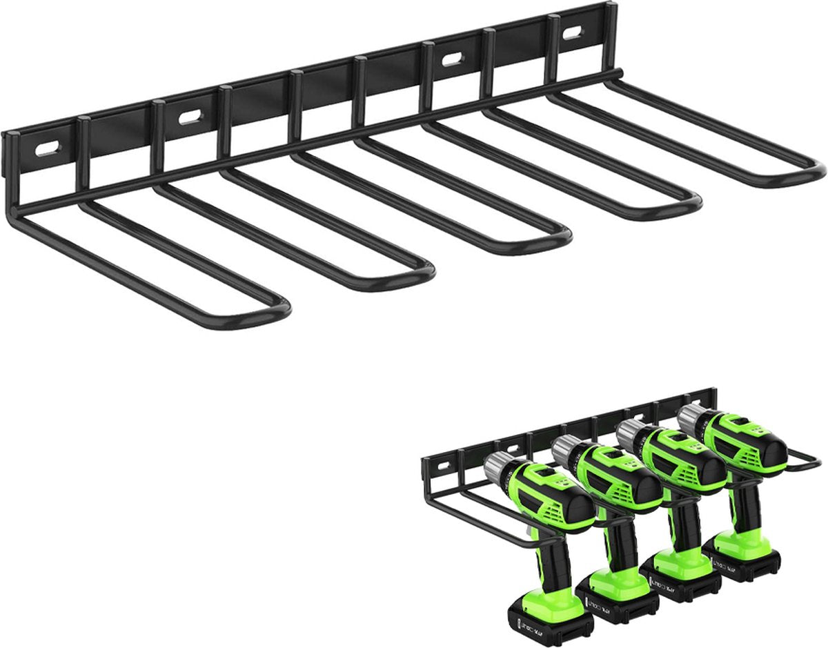 Tool Storage - Storage Rack - Wall Mount - Tool Rack - Tool Holder - 4 Slots - For 4 Power Tools - Tool Storage and Organization - Organizer For Garage, Tool Room - 1 Piece - Metal - Black Main image