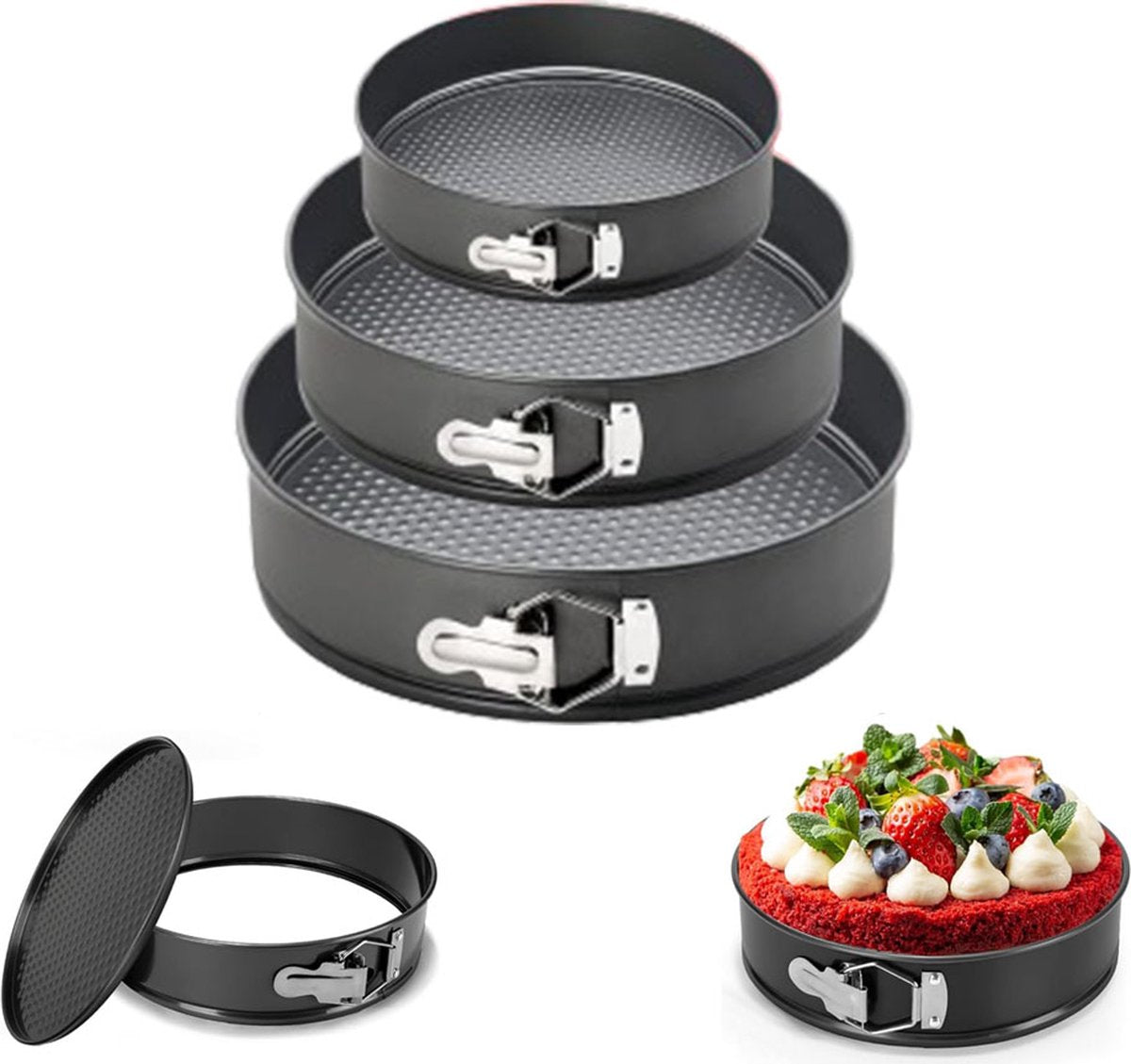 3-Piece Round Springform Set - Round Baking Tin - Cake Pan - Non-Stick Baking Pan - 20, 22 and 24cm - Removable Base - Bakes Evenly - Baking Set - Cake Pan - Dishwasher Safe - Metal - Black Hauptbild