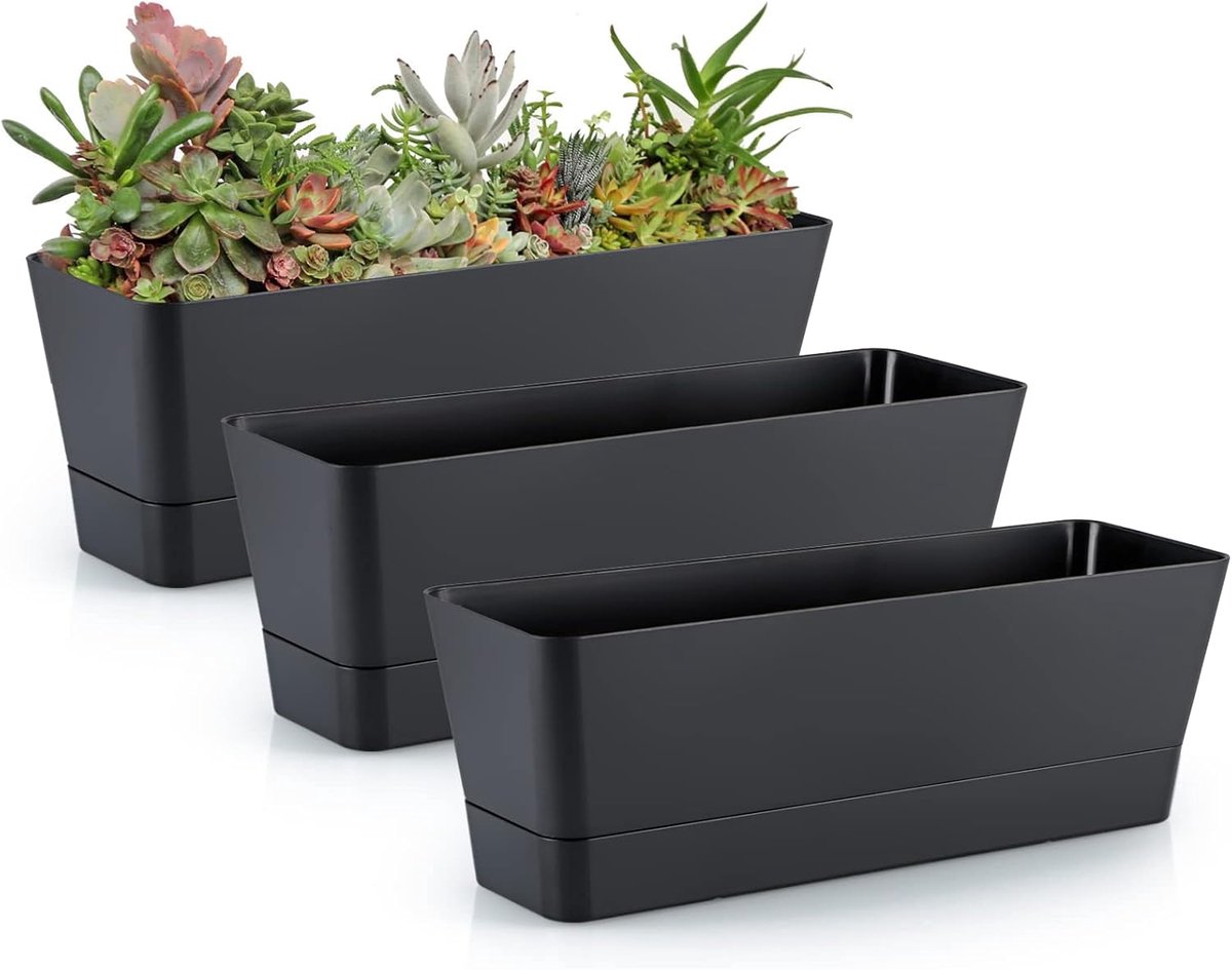 Flower pots - Balcony plant pot/flower pot - Railing/fence - Garden - rectangle - flower boxes - 3 pieces rectangular plant pots of 30 cm - rectangular plastic planters - balcony planters for planting succulents Main image