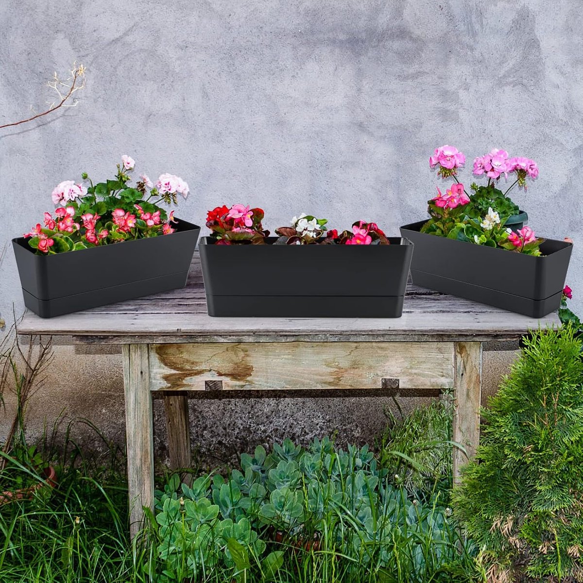 Flower pots - Balcony plant pot/flower pot - Railing/fence - Garden - rectangle - flower boxes - 3 pieces rectangular plant pots of 30 cm - rectangular plastic planters - balcony planters for planting succulents