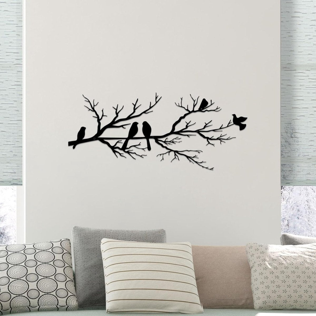 Metal Birds Wall Art - Metal Bird Wall Decoration - Vivid Birds on Branch Silhouette Wall Decor - Black Leaves with Bird - Tree Branch Silhouette - Outdoor Hanging Wall Sculpture - Hanging - for Home Balcony Garden - 43x18.6cm - Black
