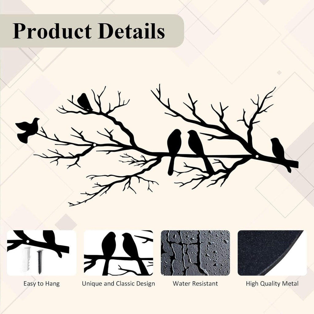 Metal Birds Wall Art - Metal Bird Wall Decoration - Vivid Birds on Branch Silhouette Wall Decor - Black Leaves with Bird - Tree Branch Silhouette - Outdoor Hanging Wall Sculpture - Hanging - for Home Balcony Garden - 43x18.6cm - Black