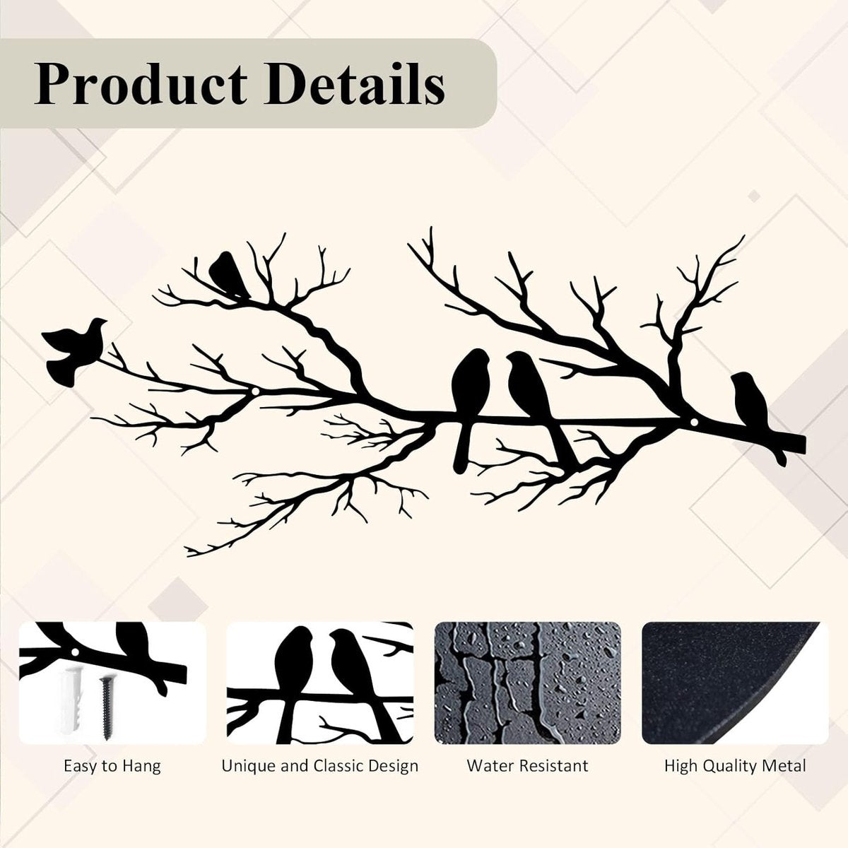 Metal Birds Wall Art - Metal Bird Wall Decoration - Vivid Birds on Branch Silhouette Wall Decor - Black Leaves with Bird - Tree Branch Silhouette - Outdoor Hanging Wall Sculpture - Hanging - for Home Balcony Garden - 43x18.6cm - Black