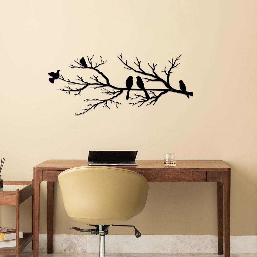 Metal Birds Wall Art - Metal Bird Wall Decoration - Vivid Birds on Branch Silhouette Wall Decor - Black Leaves with Bird - Tree Branch Silhouette - Outdoor Hanging Wall Sculpture - Hanging - for Home Balcony Garden - 43x18.6cm - Black