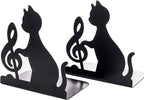 Metal Bookends - Set of 2 - Heavy Duty Black Metal Bookends - Cat Music Note - Non-Slip Durable Sturdy Book Organizer - For Bedroom Library Office - Book Stand - Book Holder - Bookend - Book Holder - Black