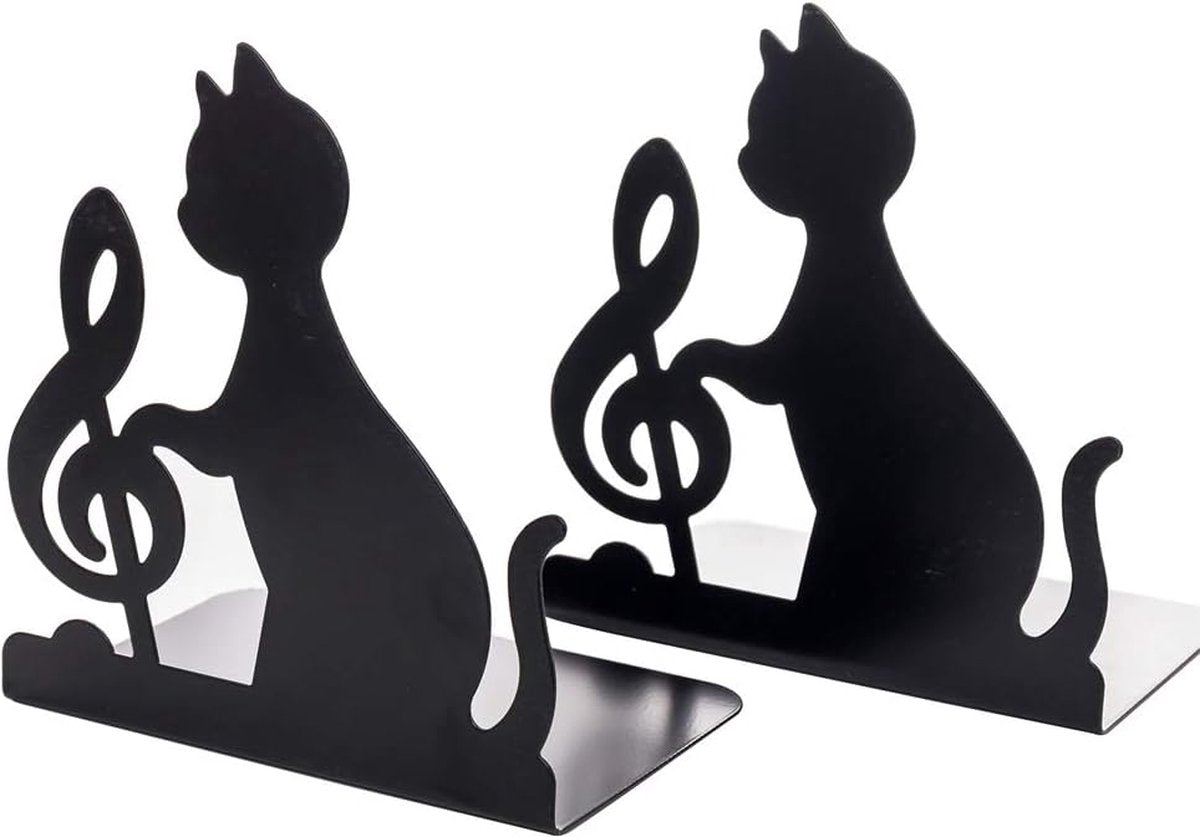 Metal Bookends - Set of 2 - Heavy Duty Black Metal Bookends - Cat Music Note - Non-Slip Durable Sturdy Book Organizer - For Bedroom Library Office - Book Stand - Book Holder - Bookend - Book Holder - Black