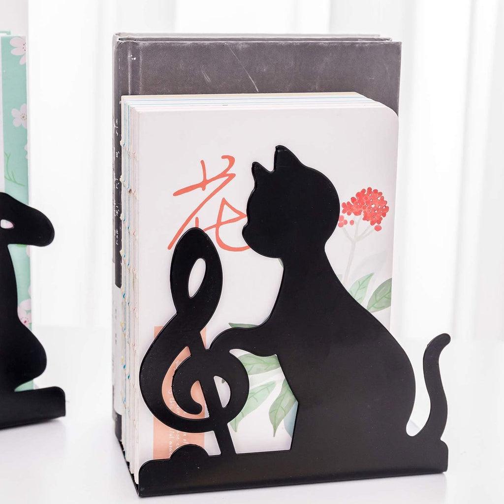 Metal Bookends - Set of 2 - Heavy Duty Black Metal Bookends - Cat Music Note - Non-Slip Durable Sturdy Book Organizer - For Bedroom Library Office - Book Stand - Book Holder - Bookend - Book Holder - Black