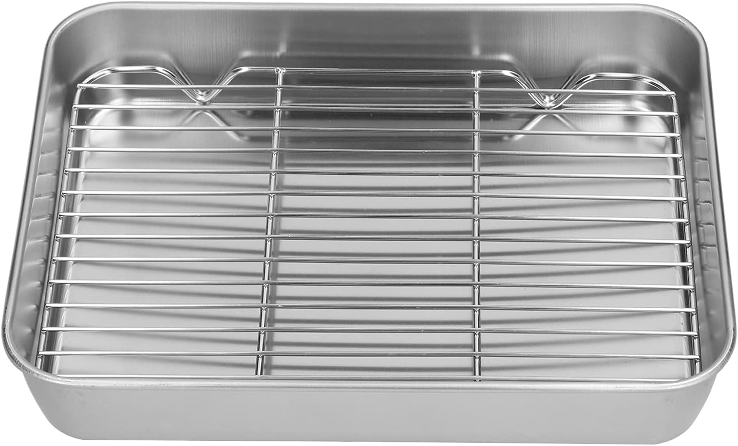 Broiler Pan for Oven, Rectangular Tray Deepened Kitchen Bakeware Rack Roaster Refrigerated Crisper Chassis Grid Roasting Pans Cookie Nonstick Cake Pastry with Grill Set (10.43x8.07x1.96 Inch) Hauptbild