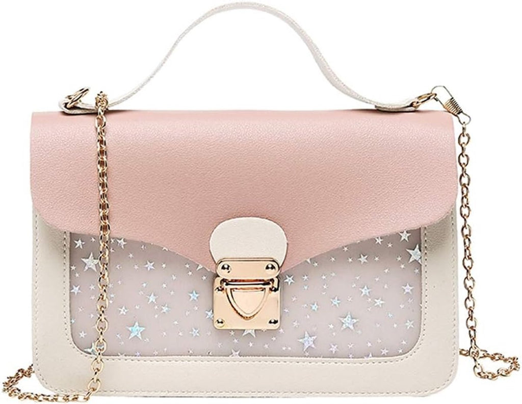 Pink Stars Handbag for Girls - Detachable Chain - Three Compartments - Large Capacity - Handbag