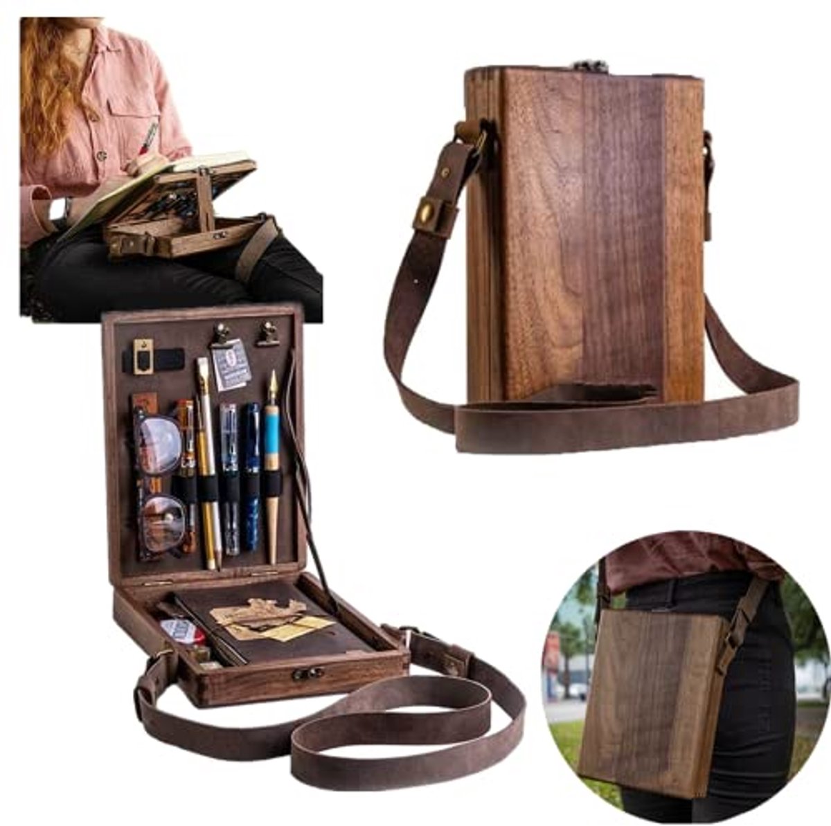 Multifunctional Wooden Shoulder Bag - Vintage Design for Artists & Writers - Artist Tool Set - Brush, Tool Storage Box - Sketch Box - Easel - with Storage Pockets and Adjustable Strap - 25x19x6 cm Main image