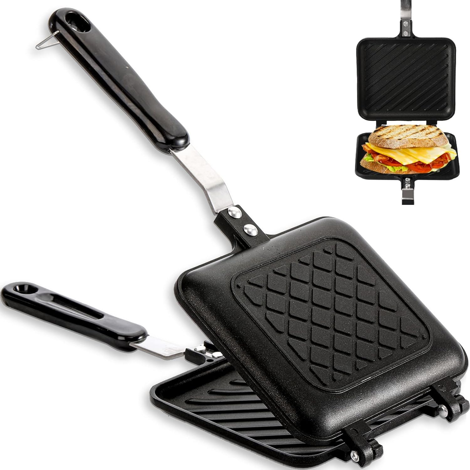 Sandwich Iron - Sandwich Maker - Grill Pan - Camping Sandwich Iron - Panini Grill - Frying Pan - Gas Stove Pan - Double-Sided Pan - Non-Stick Coating - Sandwich Clamp - Manual Toaster - Toaster - Breakfast Making - Kitchen - Black - 1 Piece Main image
