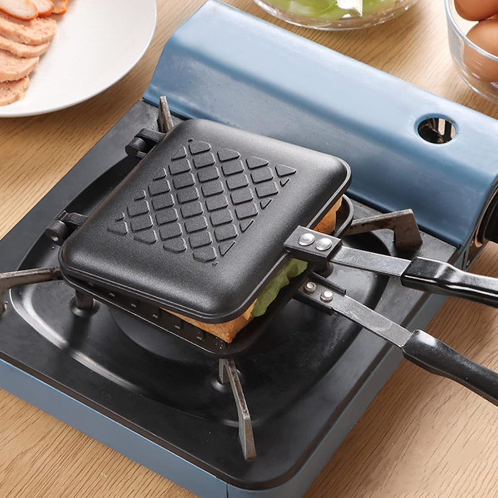 Sandwich Iron - Sandwich Maker - Grill Pan - Camping Sandwich Iron - Panini Grill - Frying Pan - Gas Stove Pan - Double-Sided Pan - Non-Stick Coating - Sandwich Clamp - Manual Toaster - Toaster - Breakfast Making - Kitchen - Black - 1 Piece