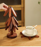 New Set of 4 Kitchen Table Decor Foldable Wooden Trivets for Hot Pots and Pans,Tree Shape Trivets walnut