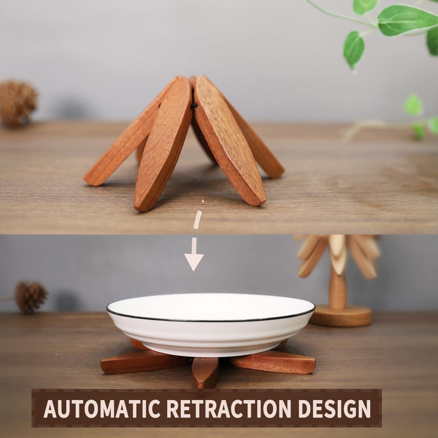 New Set of 4 Kitchen Table Decor Foldable Wooden Trivets for Hot Pots and Pans,Tree Shape Trivets walnut