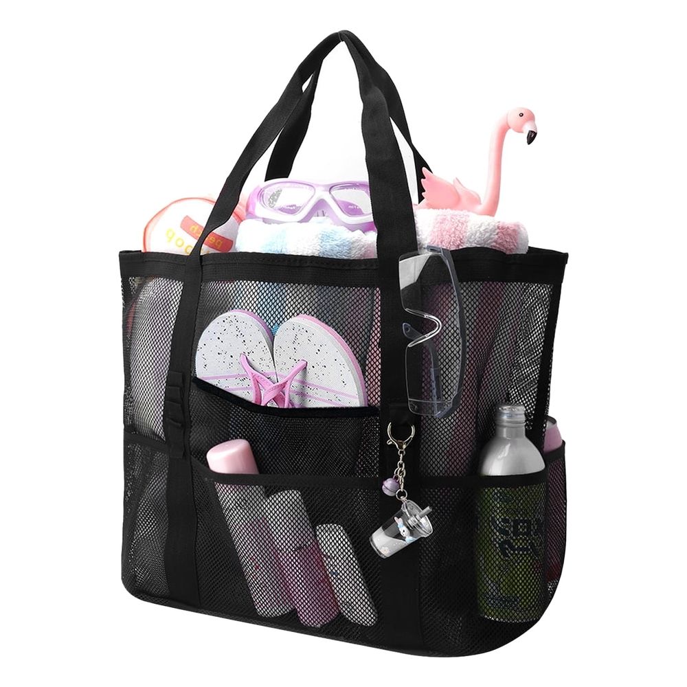 Mesh Beach Bag, Large Mesh Beach Tote Bag With 9 Pockets, Swimming Travel Tote Bag, Foldable Beach Duffle Bag, Black Main image