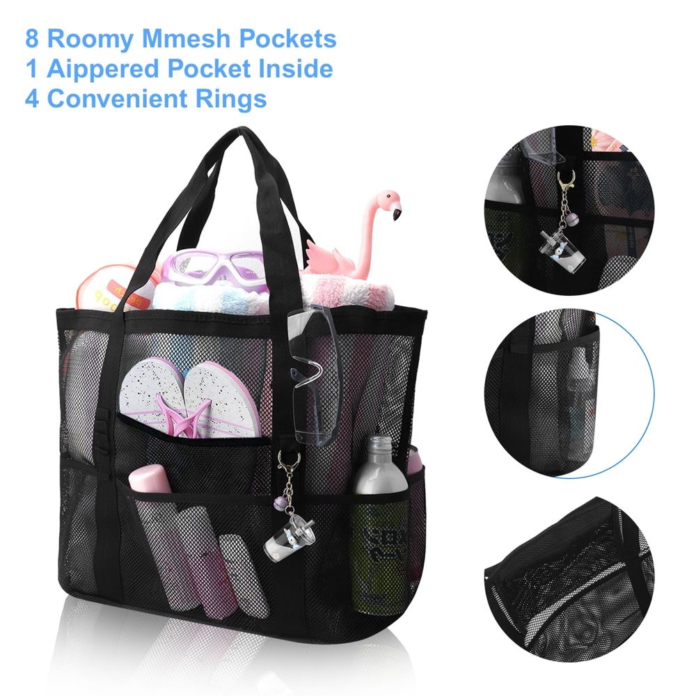 Mesh Beach Bag, Large Mesh Beach Tote Bag With 9 Pockets, Swimming Travel Tote Bag, Foldable Beach Duffle Bag, Black