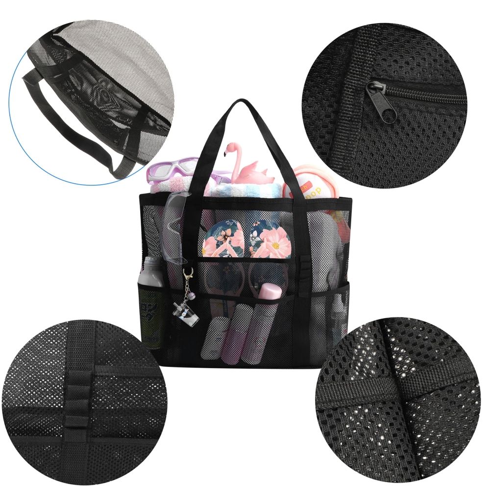 Mesh Beach Bag, Large Mesh Beach Tote Bag With 9 Pockets, Swimming Travel Tote Bag, Foldable Beach Duffle Bag, Black