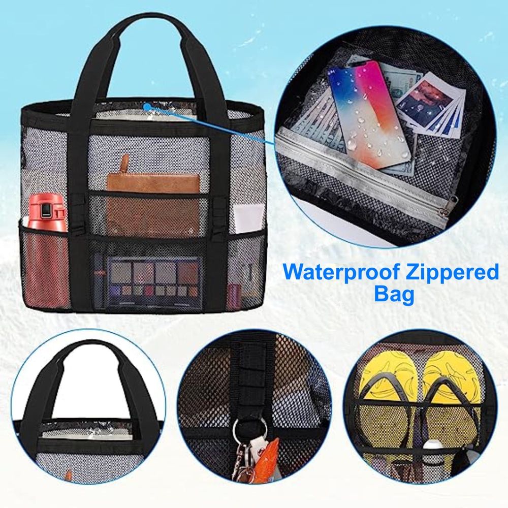 Mesh Beach Bag, Large Mesh Beach Tote Bag With 9 Pockets, Swimming Travel Tote Bag, Foldable Beach Duffle Bag, Black
