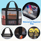 Mesh Beach Bag, Large Mesh Beach Tote Bag With 9 Pockets, Swimming Travel Tote Bag, Foldable Beach Duffle Bag, Black